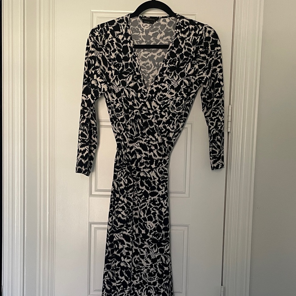 BCBGMaxAzria Black and White Wrap Dress, 3/4 Sleeves.